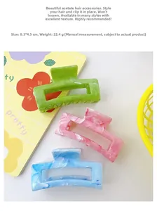 Size details of marble texture acetate hair claws in green, pink and blue colors