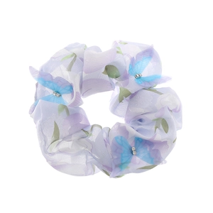 Haargummi aus lila Organza mit blauen Schmetterlingsapplikationen und Strasssteinen