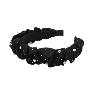 Serre-tête élégant en tissu plissé noir avec strass argentés brillants et petits pois blancs