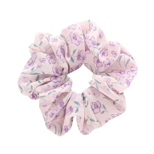 Pink floral chiffon scrunchie with purple flower print for summer ponytail hairstyles