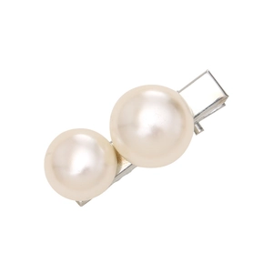 Minimalist silver hair clip featuring two round cream pearls on a metal duckbill base