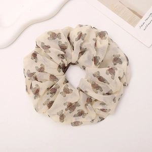 Cute beige chiffon scrunchie with cartoon bear prints for elegant ponytail styling