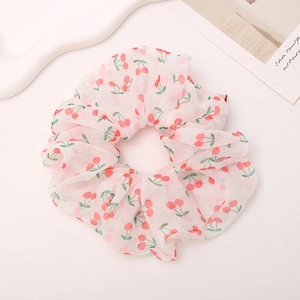Elegant white chiffon scrunchie with red cherry floral print for stylish ponytails