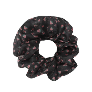 Chouchou en organza noir avec motif fraise floral pour femmes et jeunes filles