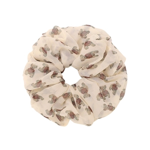 Elegant off-white chiffon scrunchie with cute cartoon bear print for ponytail hairstyles