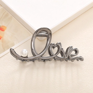 Gunmetal grey Love metal hair claw clip with pearl accent for women hair accessories