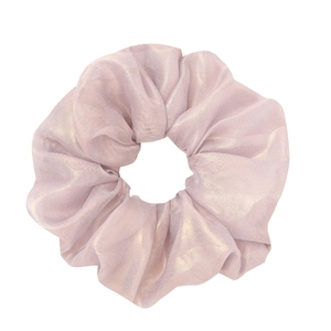 Pink metallic satin scrunchie hair tie with elegant shimmer for women and girls