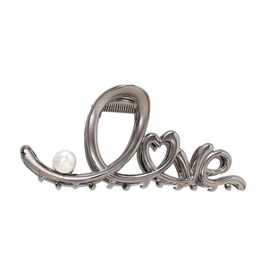 Metallic gunmetal Love hair claw clip with heart-shaped V and white faux pearl accent