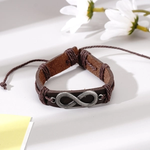 Men's handmade brown woven leather bracelet with infinity symbol and adjustable cord