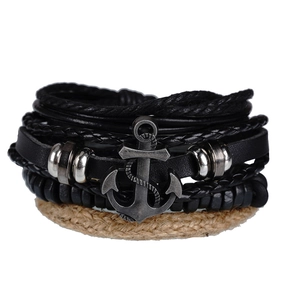 Vintage Handmade Woven Leather Bracelet Set For Men Alloy Anchor Pendant Layered Braided Bracelet Punk Nautical Jewelry
