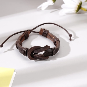 Men's handmade woven dark brown leather bracelet with an infinity knot design