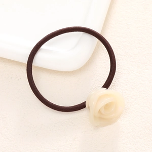 French style cream rose flower hair tie with high elastic brown band for ponytail styling