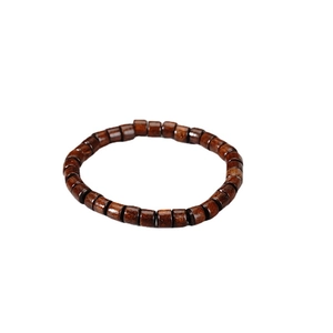 Men's handmade woven dark brown wooden cylindrical bead bracelet with natural wood grain