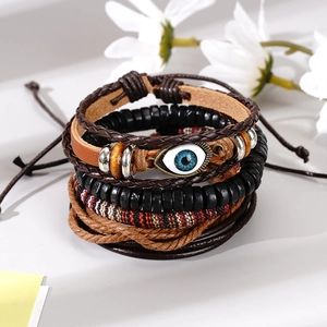 Vintage Men Handmade Woven Cowhide Leather Bracelet Evil Eye Charm Alloy Wood Beads Multi-layer Ethnic Style Jewelry Wristband