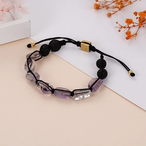 Handmade woven yoga bracelet featuring natural purple amethyst and black lava rock stones