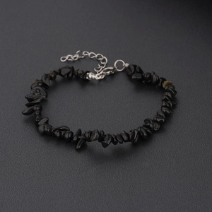 Minimalist irregular natural black stone bracelet with silver adjustable chain and clasp