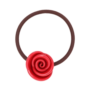 Minimalist elastic hair tie with a glossy red resin rose charm on white background