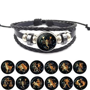 Bracelet multicouche en cuir avec breloque Scorpion et 12 billes de verre zodiaque