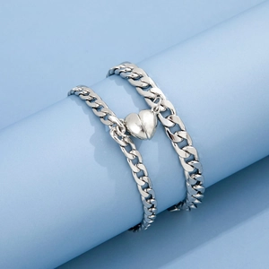 Silver Cuban chain bracelet set with magnetic heart pendants for couples and friends