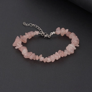 Irregular natural pink crystal quartz chip bracelet with adjustable silver metal chain