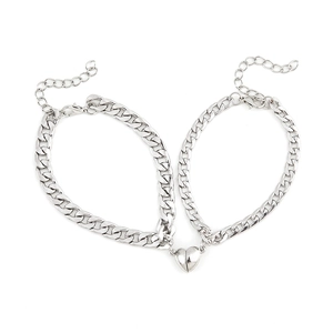 Silver Cuban link magnetic couple bracelets with heart pendants for lovers