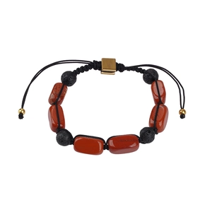 Detail of red jasper and black lava stone beaded yoga bracelet with gold adjustable slide