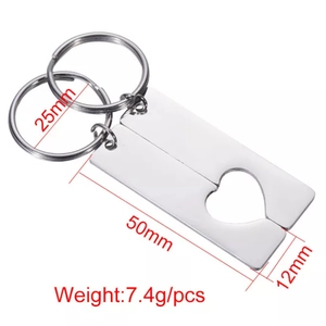 Polished stainless steel rectangular pendant keychain set with split heart design
