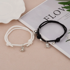 Bracelets de couple dinosaures magnétiques avec cordes tressées noires et blanches