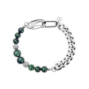 Bracelet Hip Hop en Acier Titane Épissage Oeil de Tigre Vert Obsidienne Chaîne Cubaine Perles Strass Réglable Unisexe