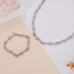 Punk Barbed Wire Thorns Necklace And Bracelet Alloy Silver Gothic Streetwear Chain Jewelry For Unisex Party Accessory