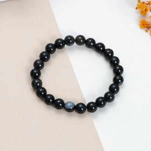 Minimalist natural black obsidian bead bracelet with white stripes for men and women