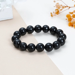 Handmade natural black obsidian beaded bracelet with polished round 12mm stones