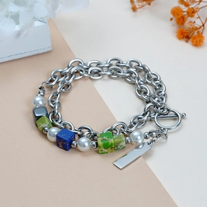 Dubbellaagse roestvrijstalen kralenarmband met parels en keizersteen hangers set