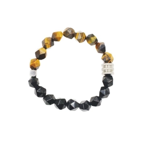 Bracelet en œil de tigre facetté et perles d'onyx avec un charm en métal serti de cristaux