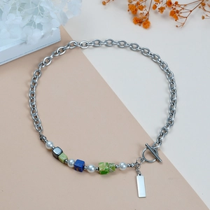 Unisex roestvrijstalen ketting met imitatieparels en kleurrijke kralen met een OT-sluiting