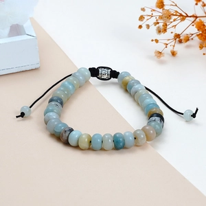 Adjustable natural Amazonite stone abacus bead bracelet with antique silver lucky charm
