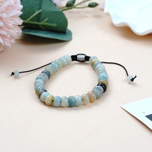 Handmade bohemian Amazonite bead bracelet with adjustable woven cord and metal charm