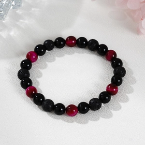 8mm Black Agate and Lava Stone Yoga Beaded Bracelet with Pink Tiger Eye Accents