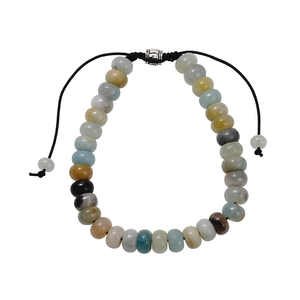 Adjustable hand-woven bracelet with natural amazonite beads and silver metal cylinder charm