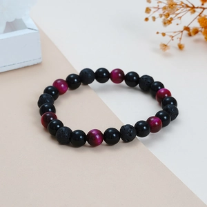 Natural 8mm stone bead bracelet featuring black onyx, lava rock, and purple tiger eye