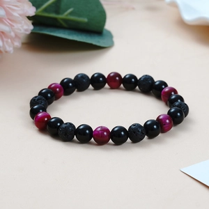 8mm Black Agate and Pink Tiger Eye beaded yoga bracelet with natural volcanic lava stones
