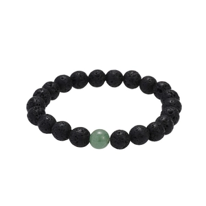 Unisex beaded bracelet with black volcanic lava stones and green aventurine focal bead