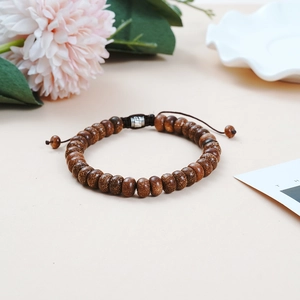 Adjustable hand-woven bracelet with shimmering natural brown tiger stone beads for men and women