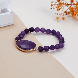 Bracciale Bohémien di Perline di Ametista per Donna Cristallo Viola Naturale Pietra Sfaccettata Placcato Oro Bordo in Lega Elastico Yoga