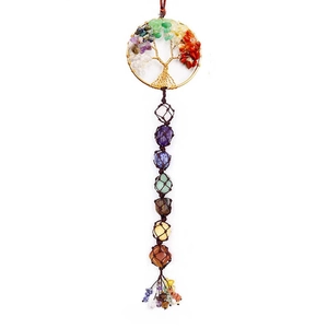 Handmade Tree of Life car hanging with seven chakra natural gemstones and woven rope