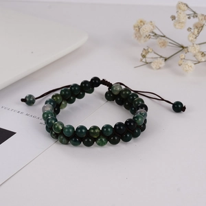 Double-layered natural green stone beaded bracelet with adjustable woven cord