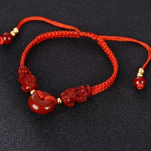 Adjustable red rope bracelet with cinnabar PiXiu and Pingan buckle for luck and protection