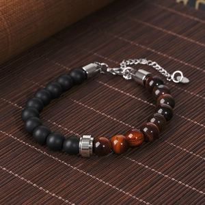 Natural Stone Beaded Bracelet Adjustable Stainless Steel Tiger Eye Obsidian Bracelet Punk Hip Hop Jewelry Gift For Men Women