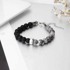 Unisex punk rock natural tiger stone and stainless steel beaded bracelet with lobster clasp