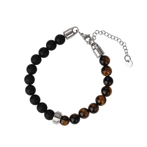 Punk style tiger eye stone and matte black onyx beaded bracelet with stainless steel chain